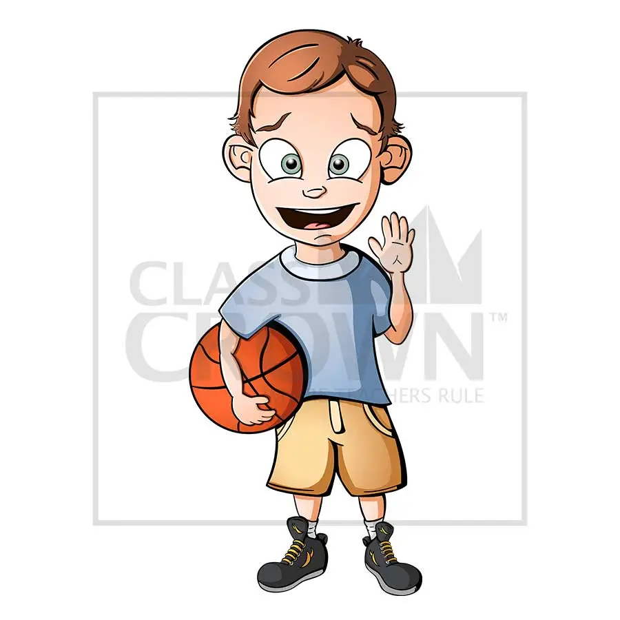 Boy with Basketball clipart, Blue shirt, shorts, and high-tops