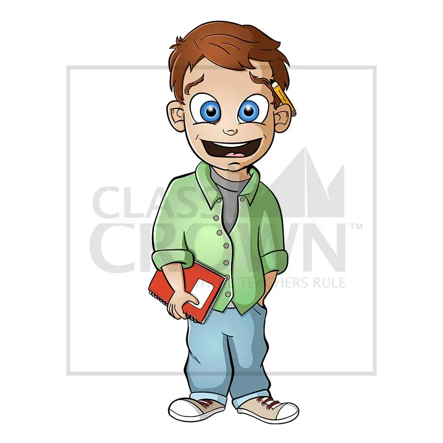 Boy with Notebook clipart, Green collar shirt, pencil behind ear