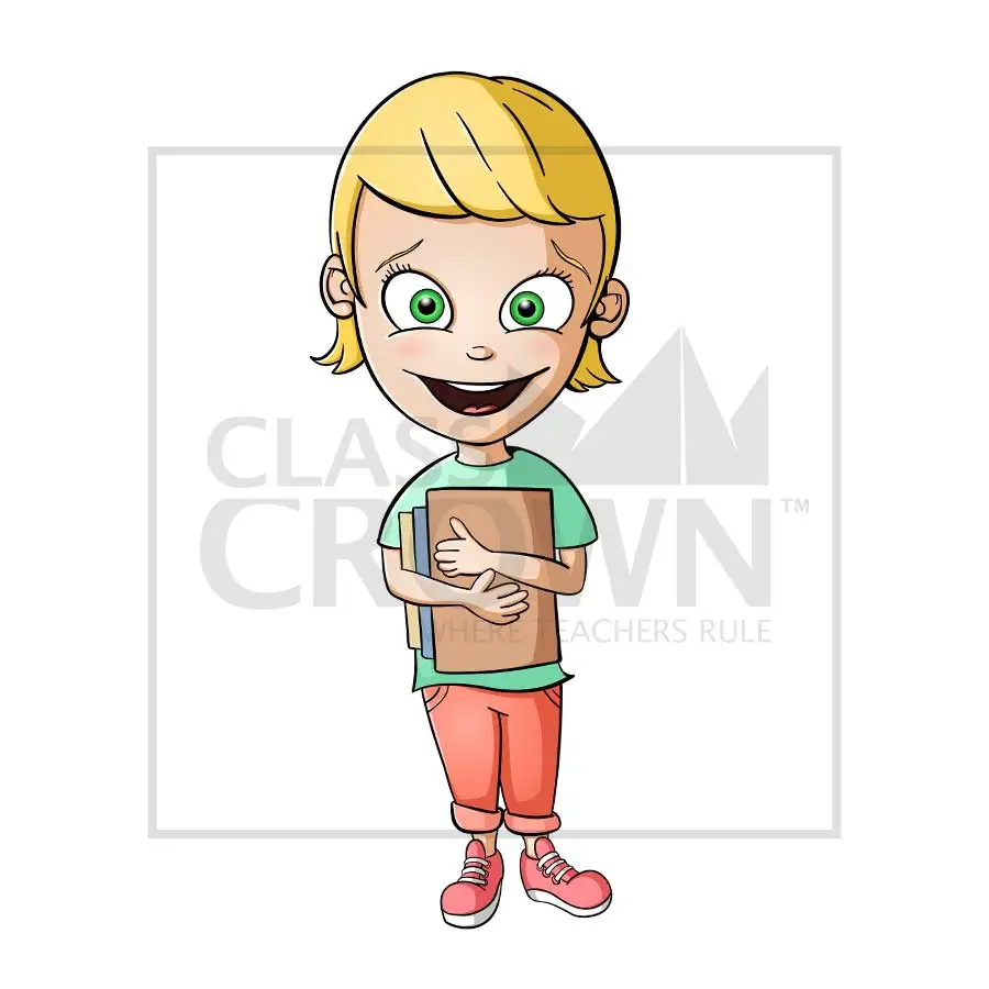 Girl with Books clipart, Blond hair, green eyes, pink shoes