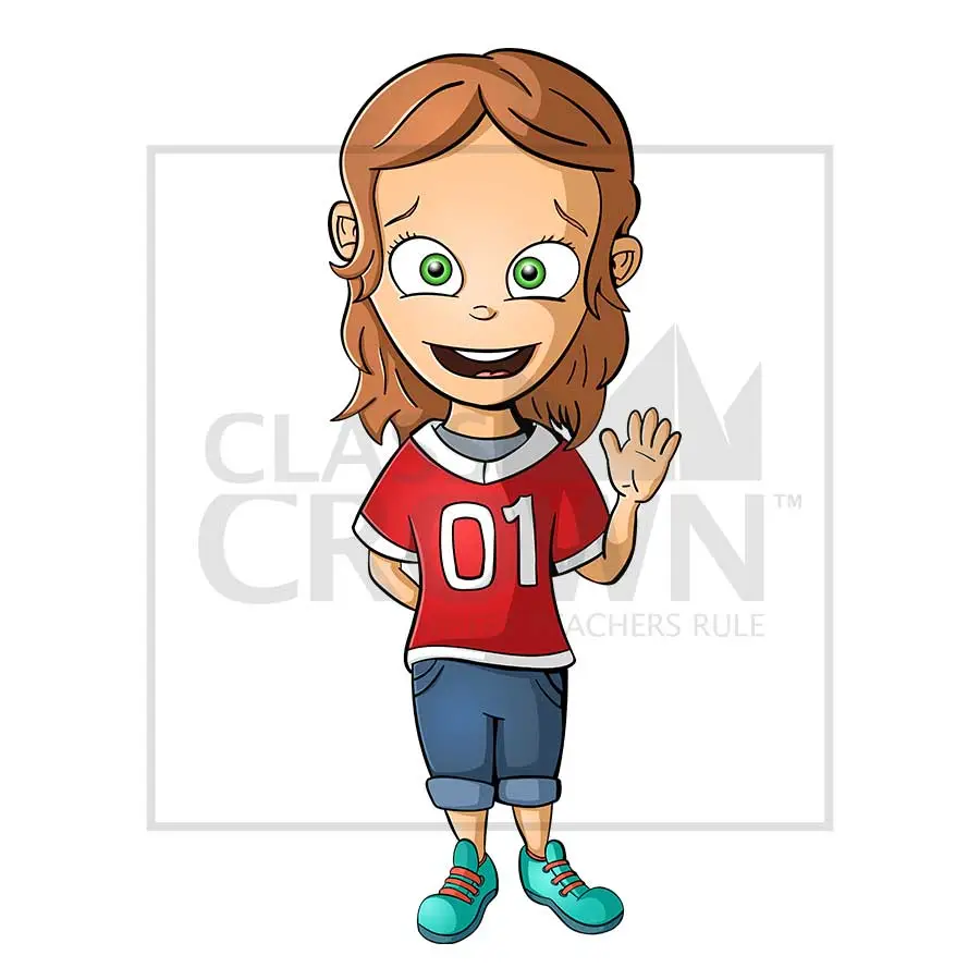 Girl in Sports Jersey clipart, Brown hair, green eyes, blue shoes