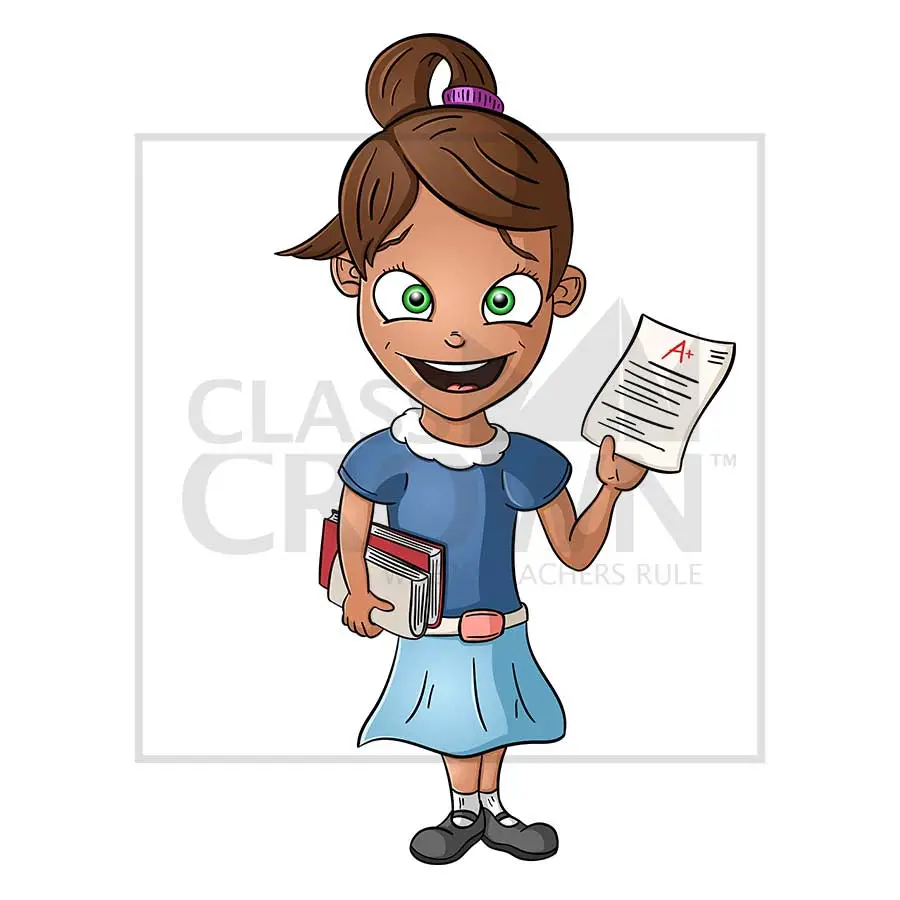 Girl with A+ Paper clipart, Dark brown hair, blue skirt, mary jane shoes