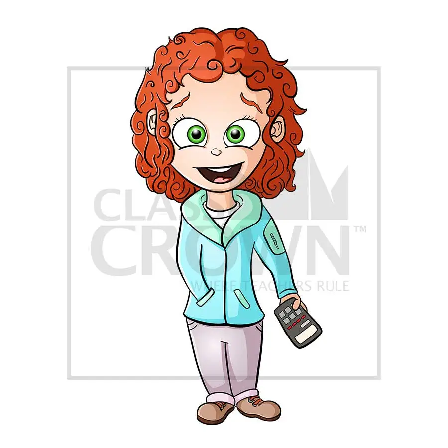Girl with Calculator clipart, Curly red hair, green eyes, mint fleece