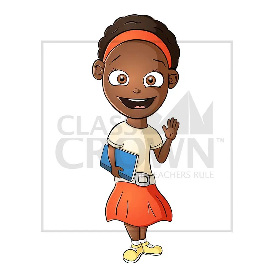 Girl with Headband  clipart, Dark brown hair, orange skirt, blue book