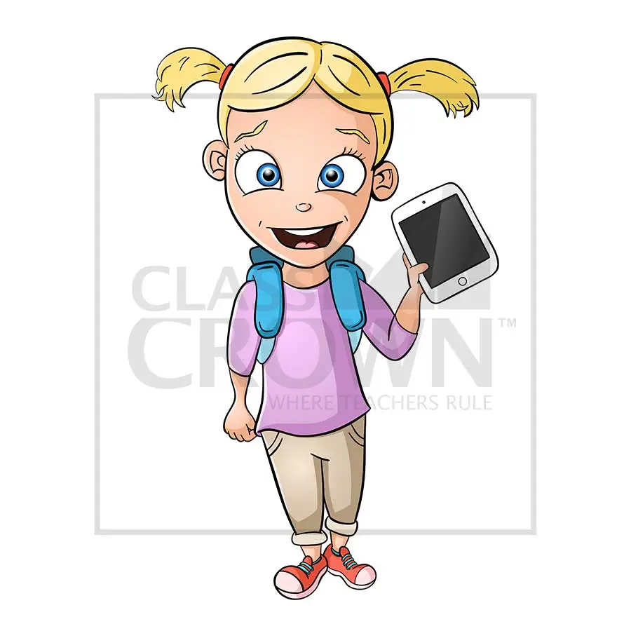 Girl with Tablet clipart, Blond hair with pigtails, backpack, capri khakis