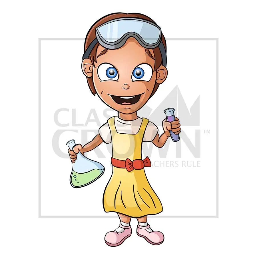Science girl clipart, Brown hair with goggles, yellow dress, beaker and chemicals