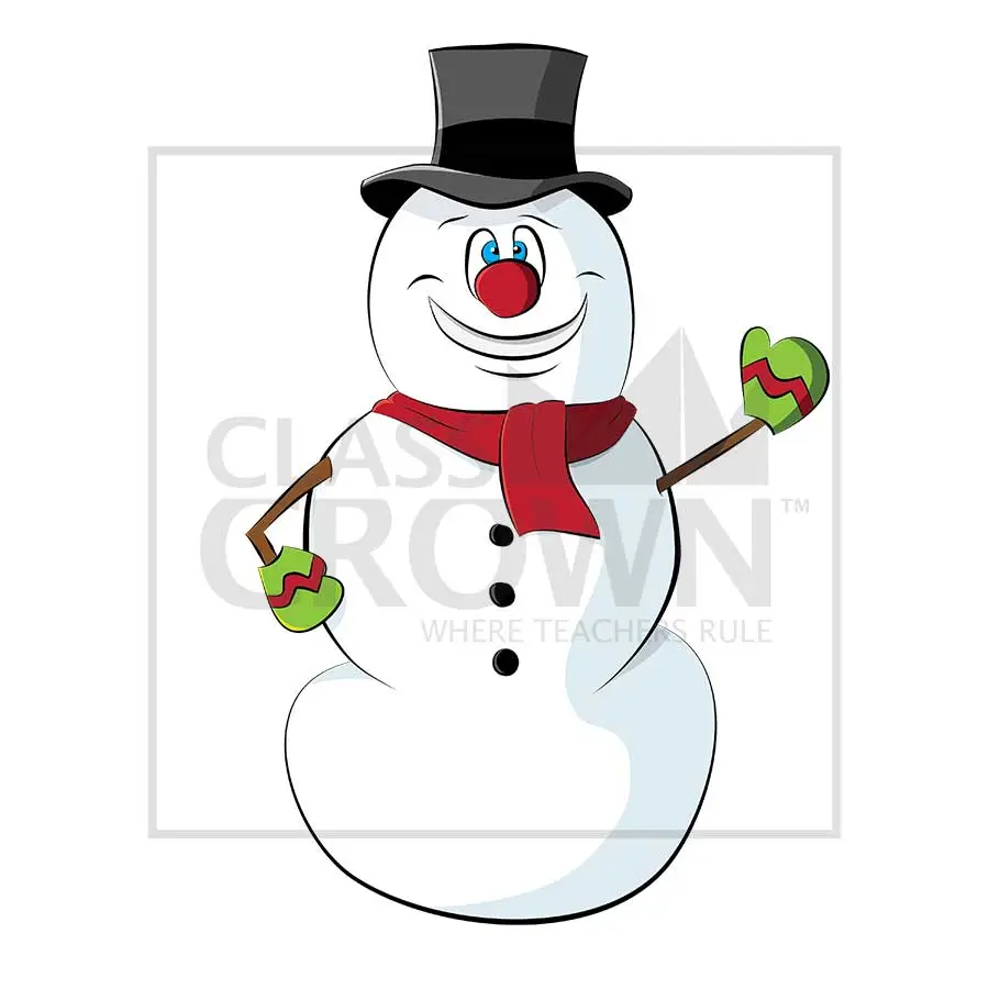 Frosty the Snowman clipart, Black top-hat, green mittens, red scarf