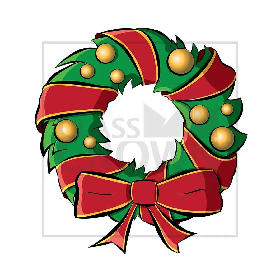 Christmas Wreath clipart, Gold ornaments with red, gold trimmed ribbon