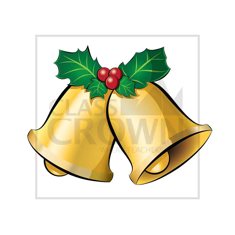 Christmas Bells clipart, Gold with holly & ivy