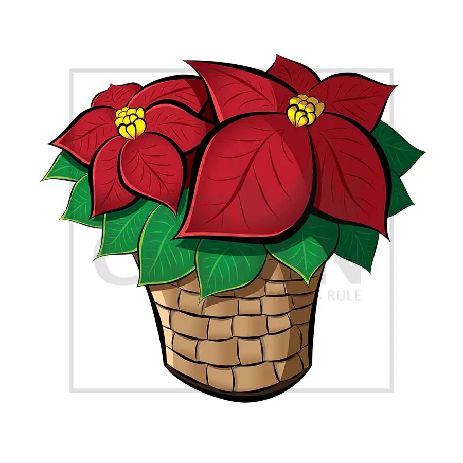 Poinsettia clipart, Vibrant red leaves in brown weaved basket
