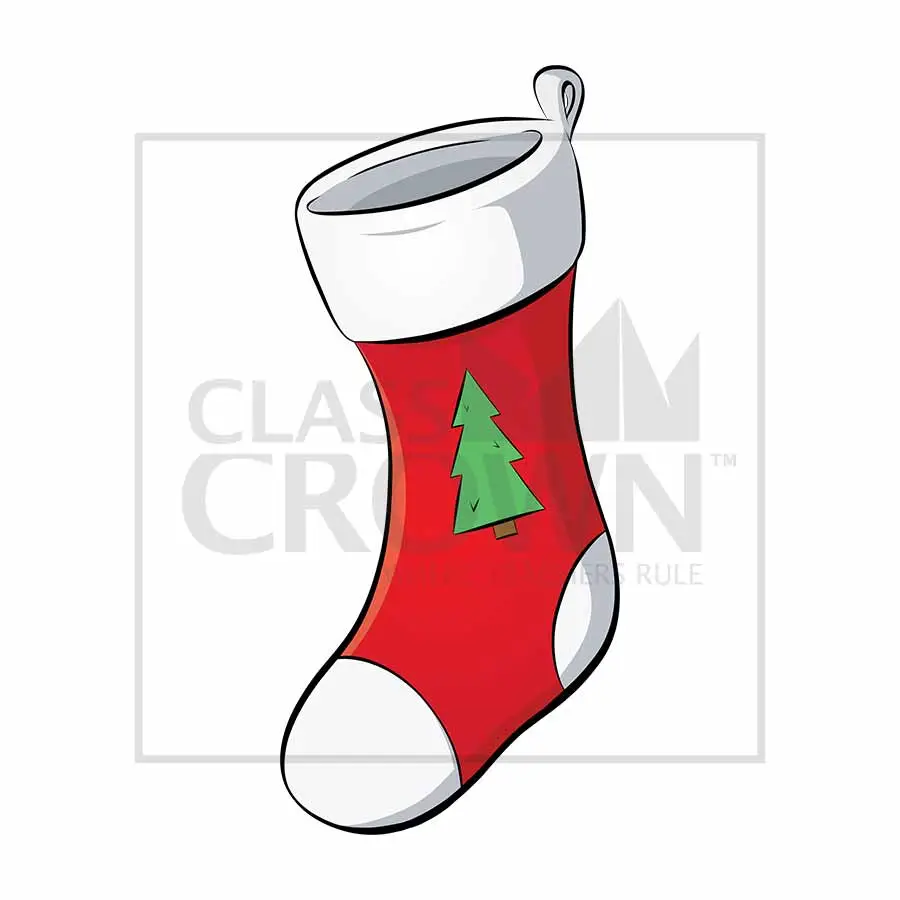 Red, white stocking with Christmas tree