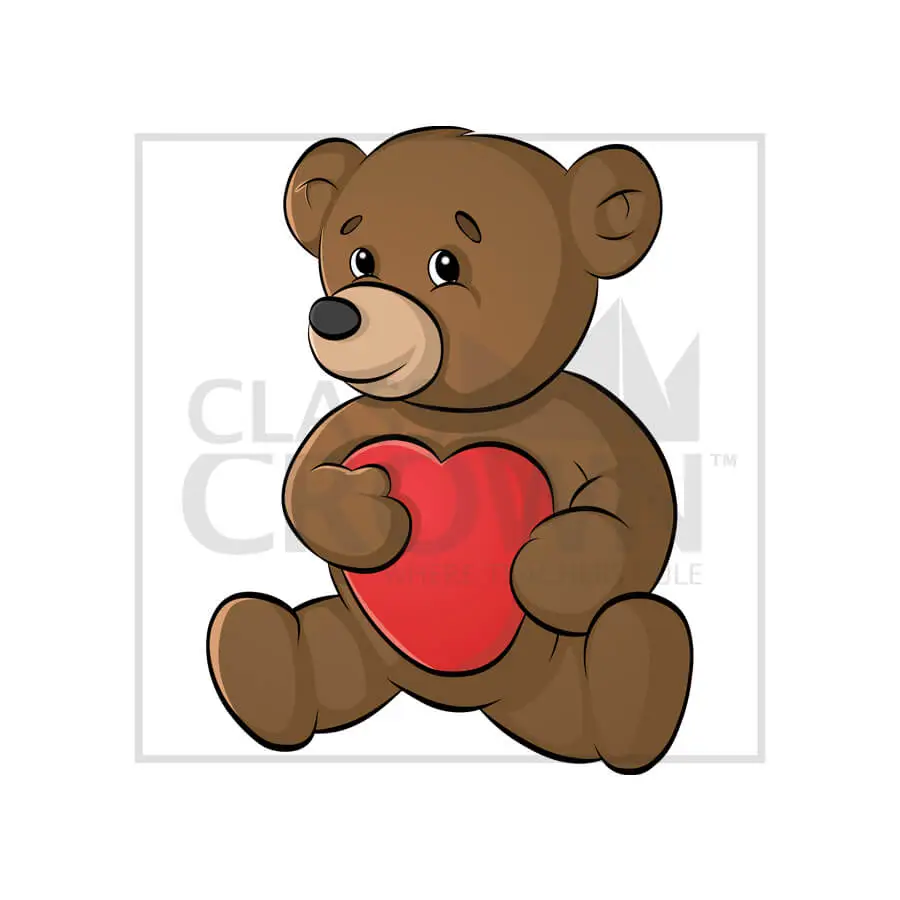 Brown teddy bear holding heart