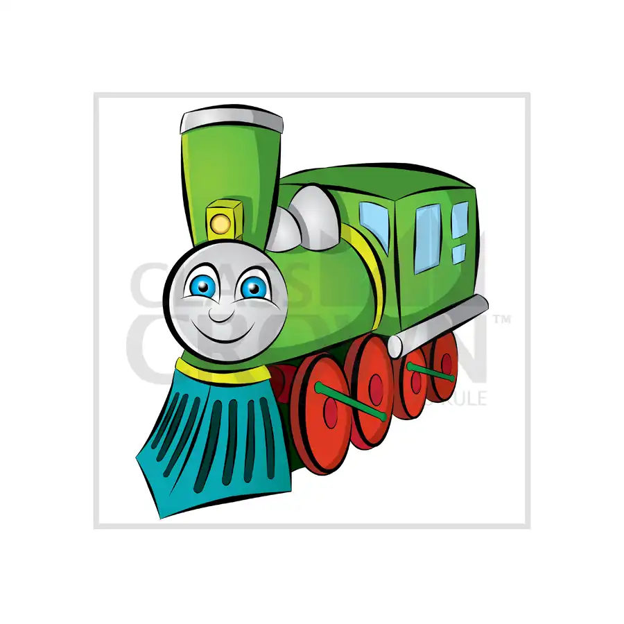 Green train with red wheels and smiling face