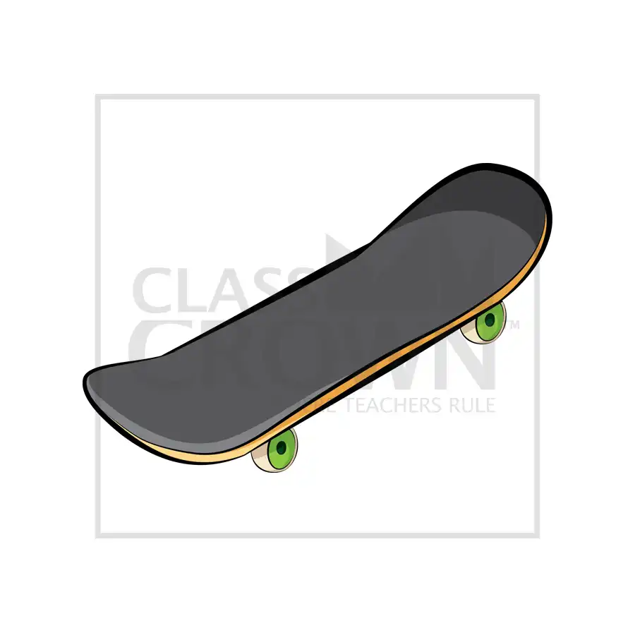 Skateboard with dark gray griptape and green wheels