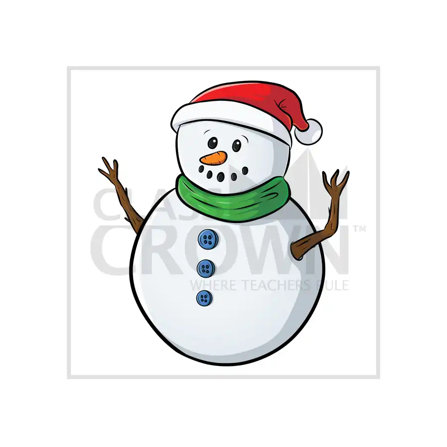 Snowman with red santa hat, green scraf