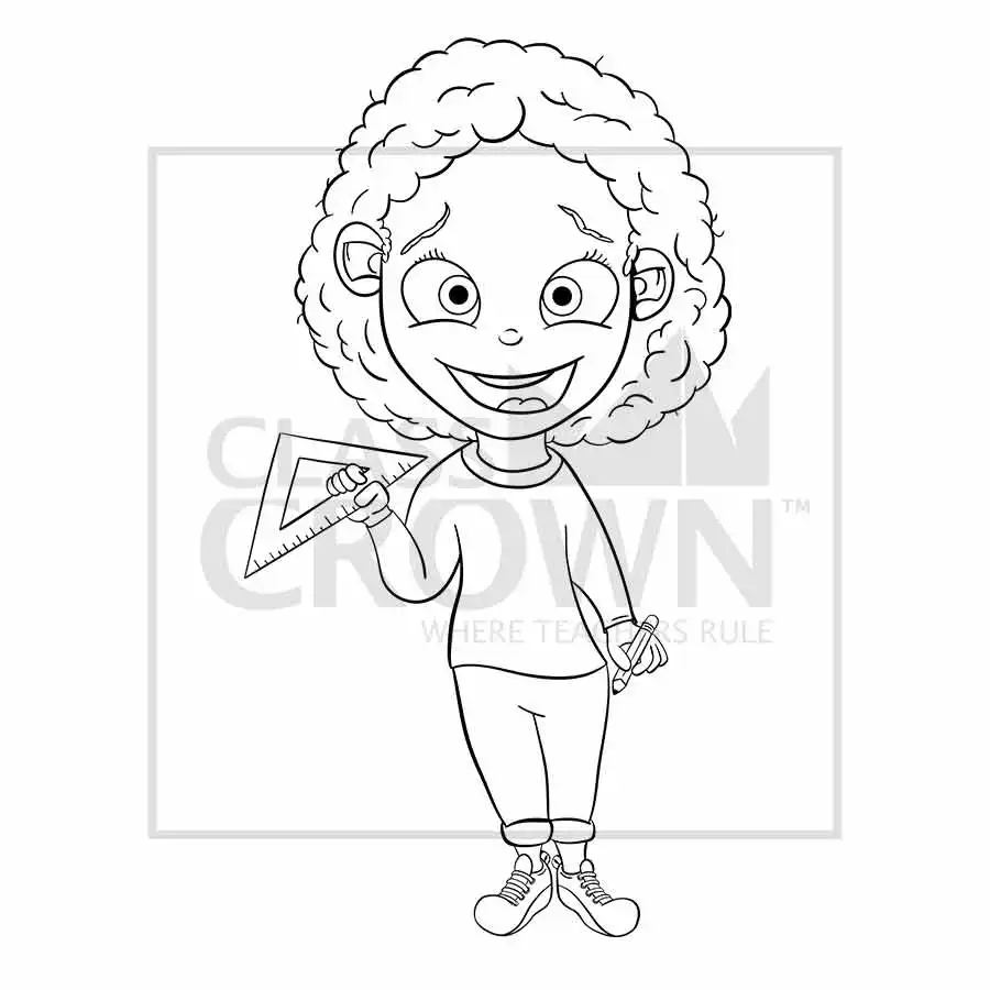 Girl with Set Square clipart, Curly brown hair, capri pants
