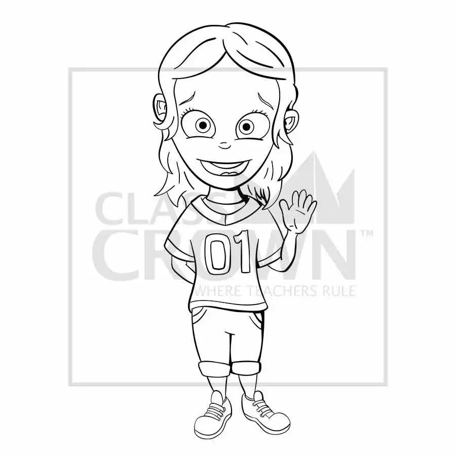 Girl in Sports Jersey clipart, Brown hair, green eyes, blue shoes