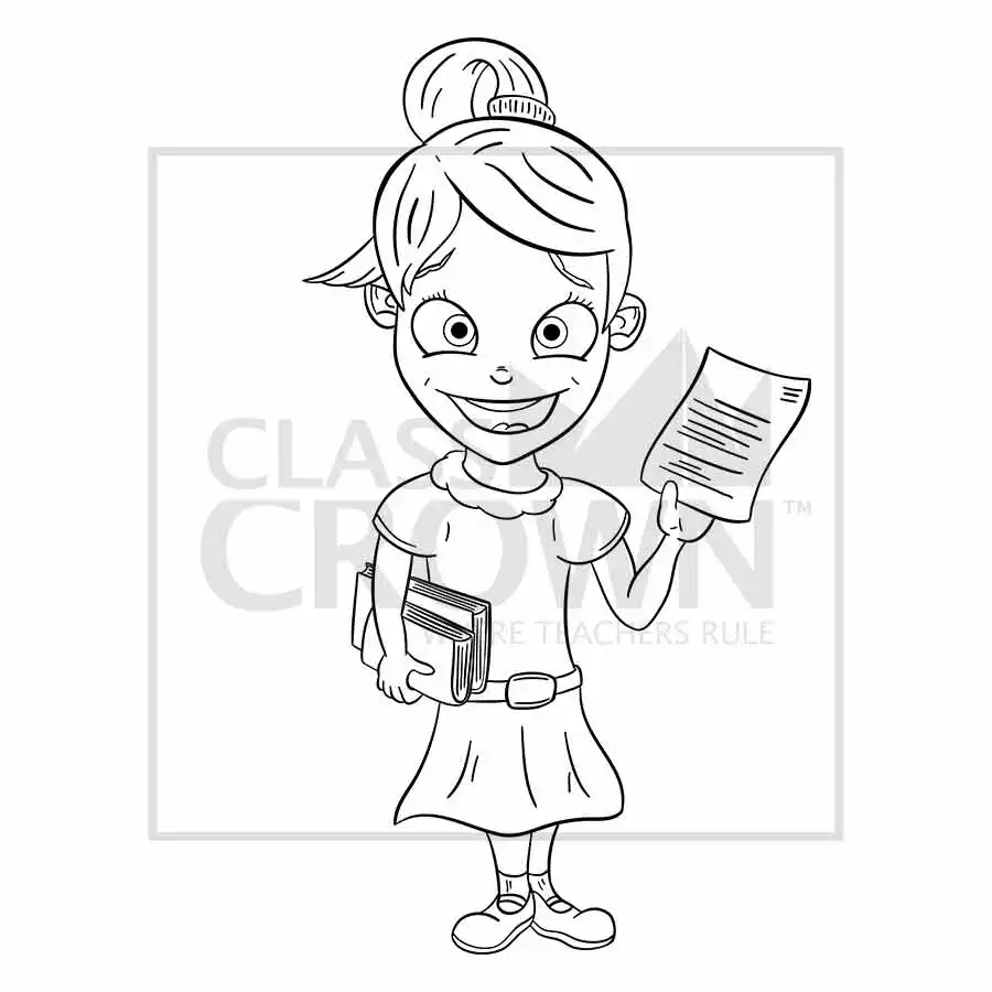 Girl with A+ Paper clipart, Dark brown hair, blue skirt, mary jane shoes