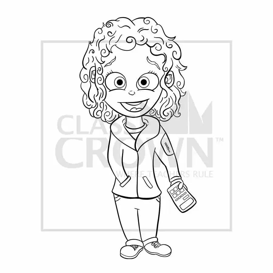 Girl with Calculator clipart, Curly red hair, green eyes, mint fleece