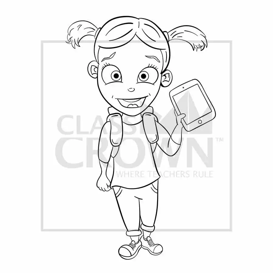 Girl with Tablet clipart, Blond hair with pigtails, backpack, capri khakis