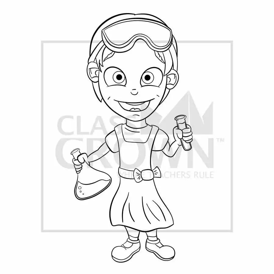 Science girl clipart, Brown hair with goggles, yellow dress, beaker and chemicals