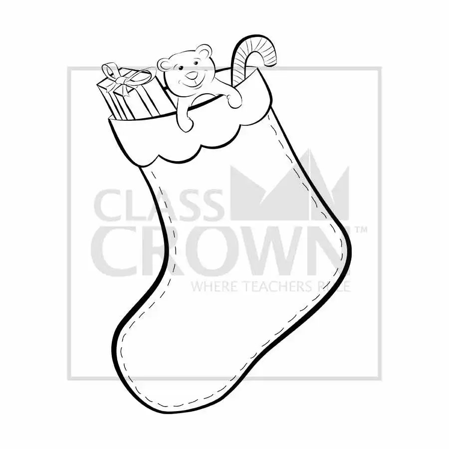 Christmas Stocking clipart, Red with white snowflakes, box, bear, and candy cane inside
