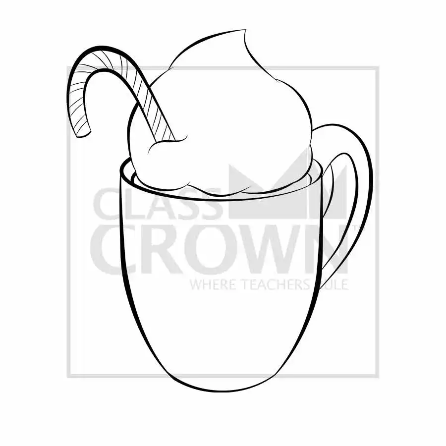 Hot Chocolate clipart, Red mug with white and green stripes, whipped cream and candy cane