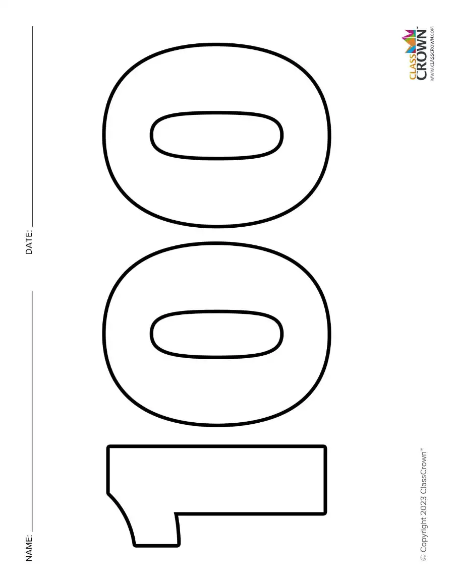100th day of school coloring page, 100.