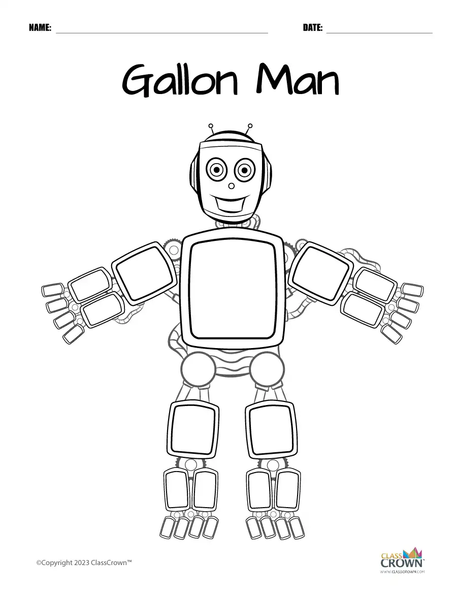 Gallon Man Worksheet - Black and White, No Labels