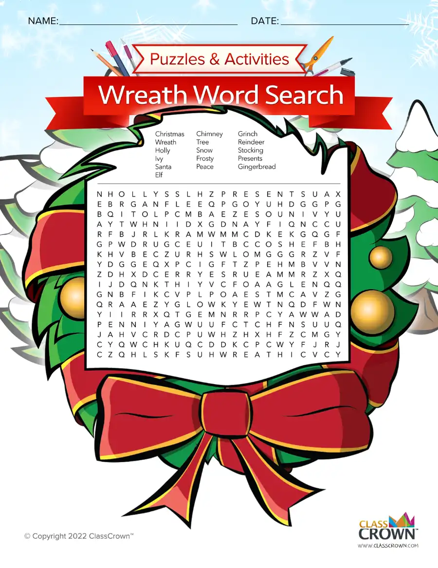 Christmas word search, wreath.