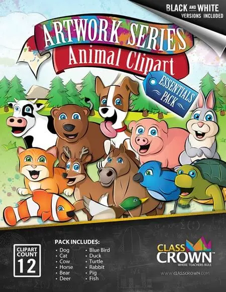 Animal Clip Art cover art with dog, pig, rabbit, cow, cat, fish, horse, bird, turtle, and duck.