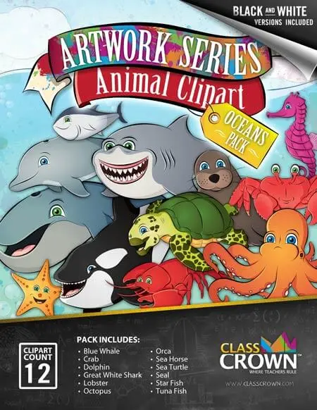 Oceans animals clip art pack cover art including a shark, dolphin, tuna fish, sea horse, starfish, orca killer whale, lobster, crab, octopus, and seal.