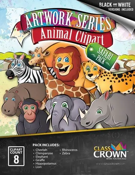 Safari animals clip art pack cover art including a lion, Giraffe, cheetah, zeebra, Chimpanzee, elephant, rhino, and hippo.