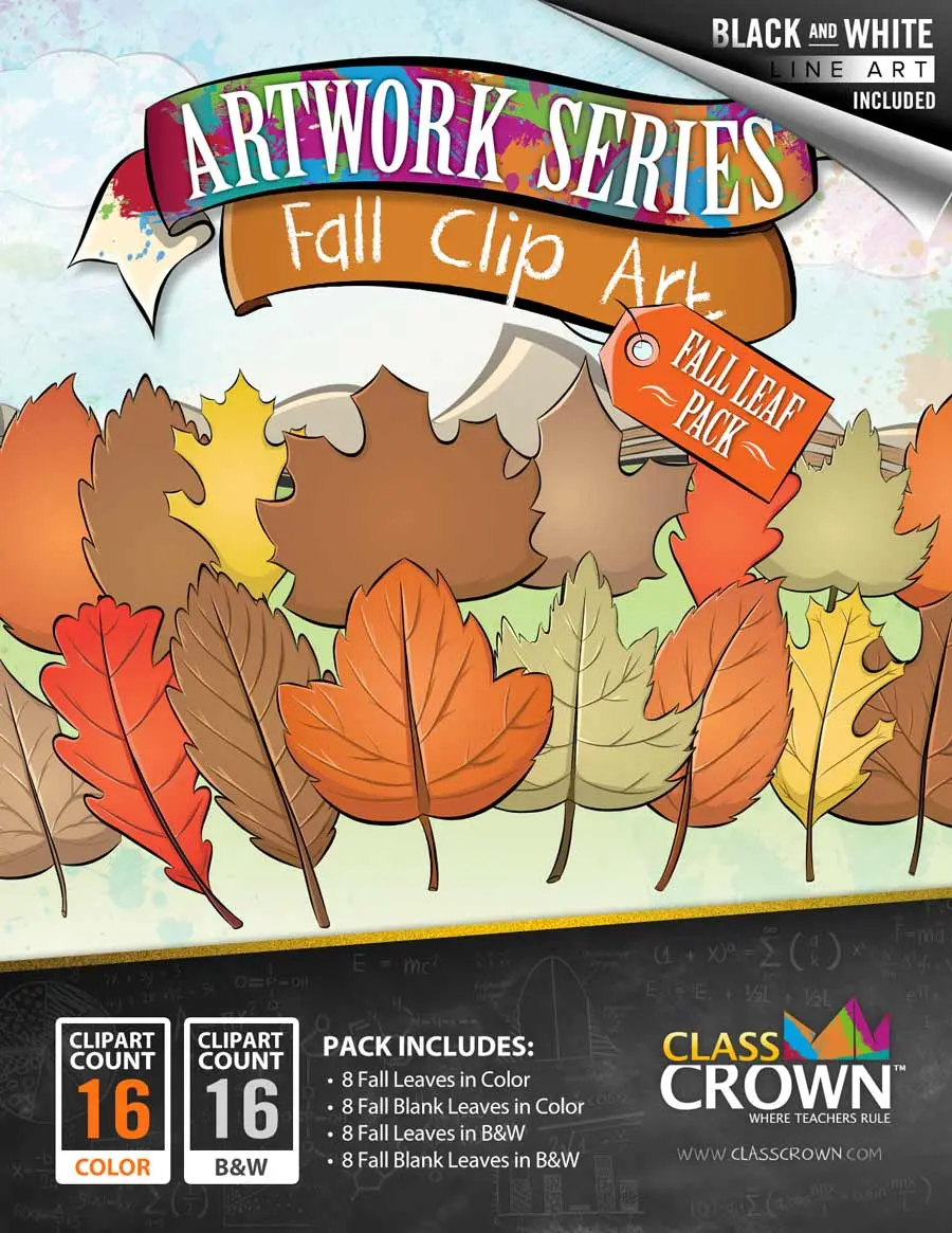 Fall leaf clip art including red, orange, brown, and yellow fall leaves.
