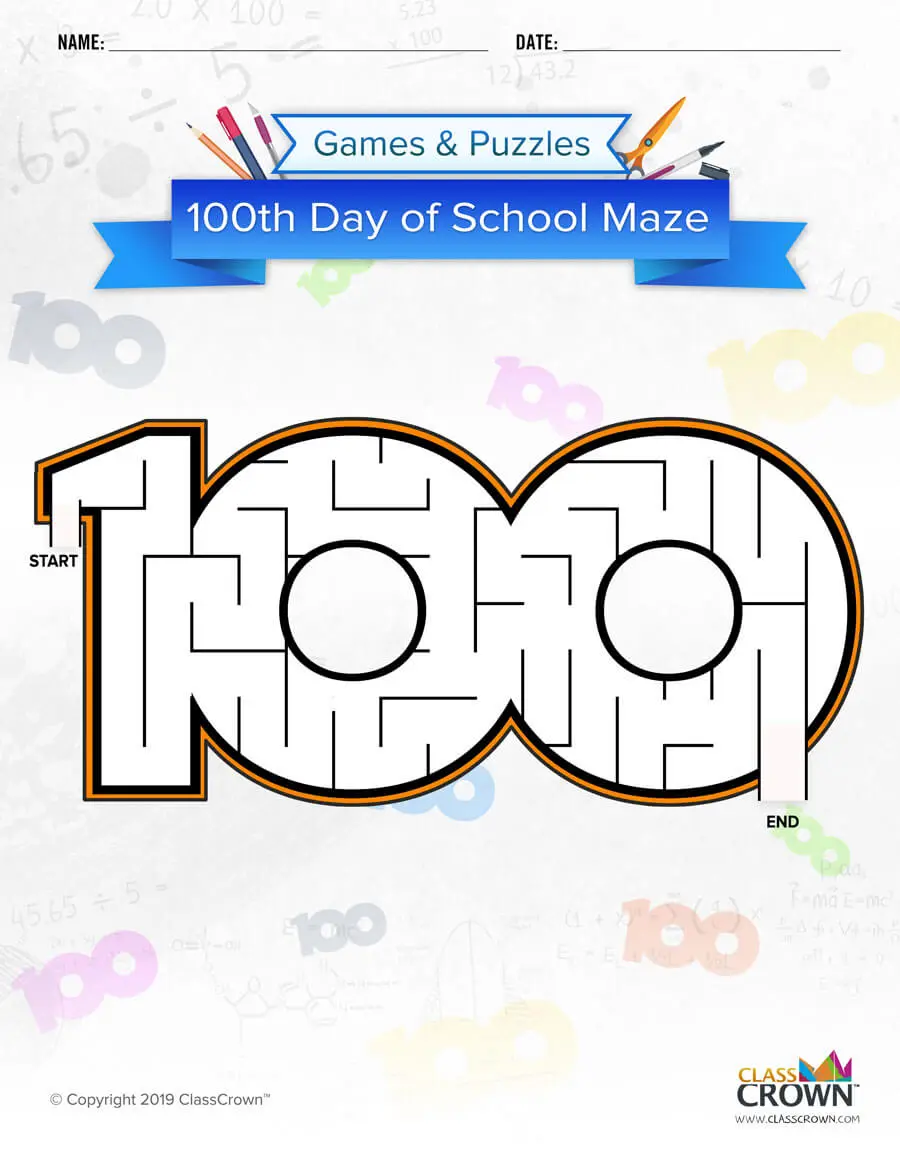 100th day of school maze, easy difficulty.