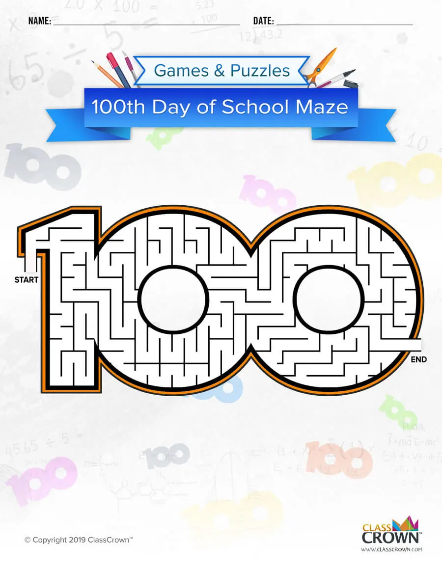 100th day of school maze, medium difficulty.