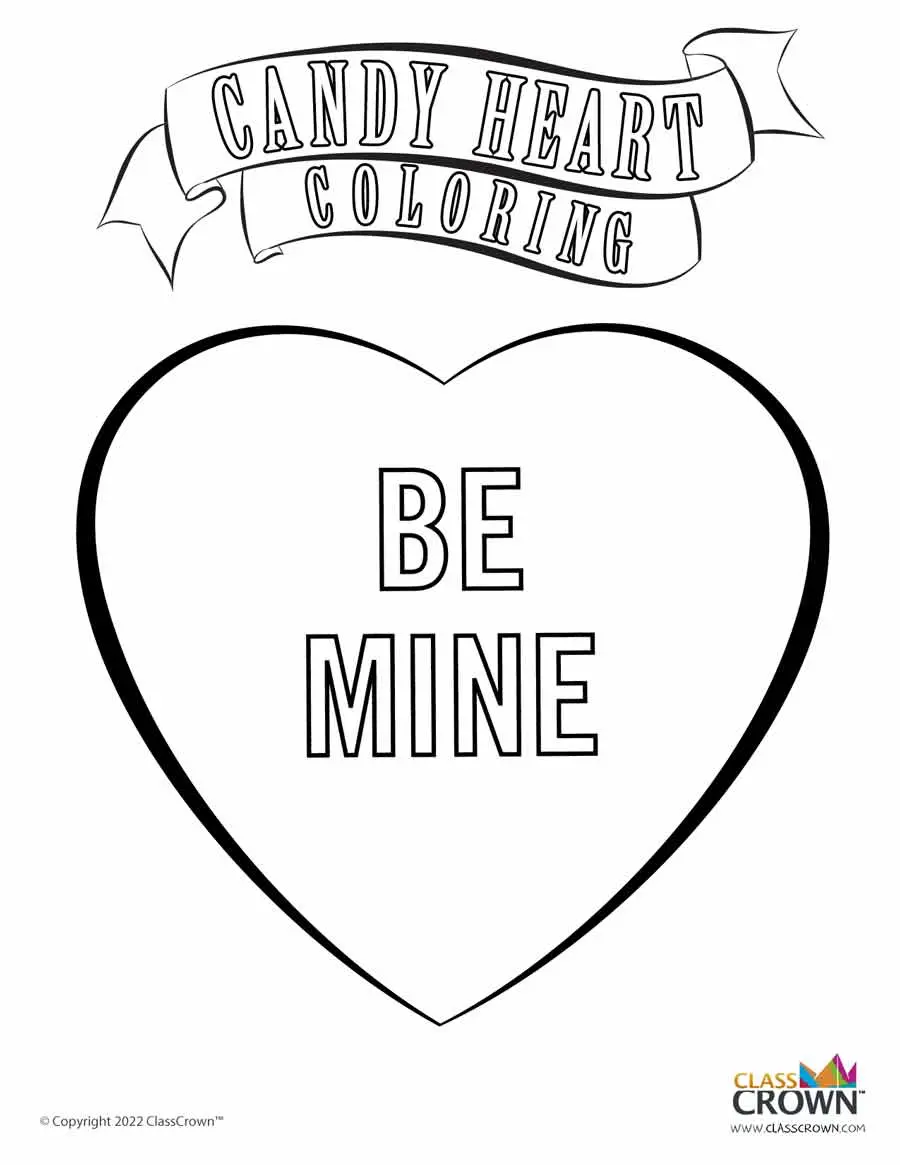Valentine's day candy heart coloring page, be mine.