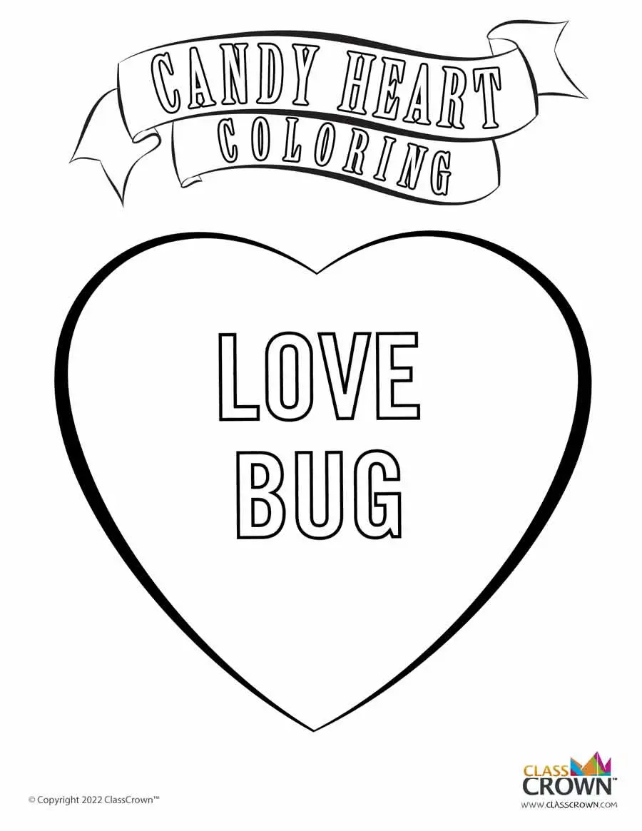 Valentine's day candy heart coloring page, love bug.