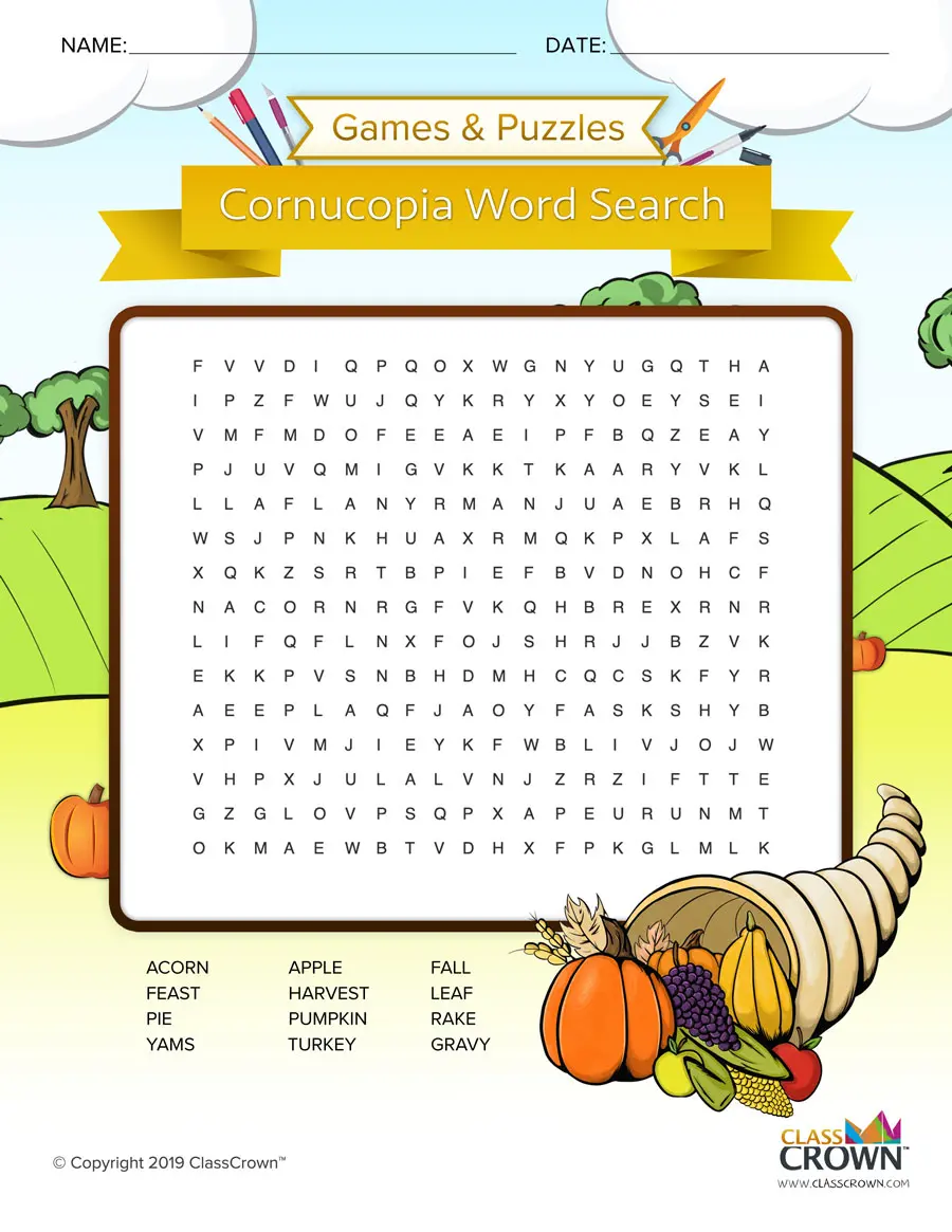 Fall word search, cornucopia.