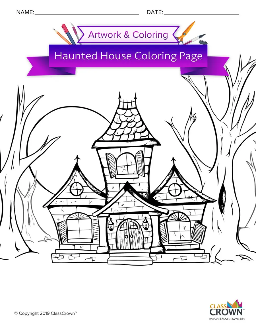 Halloween haunted house coloring page.