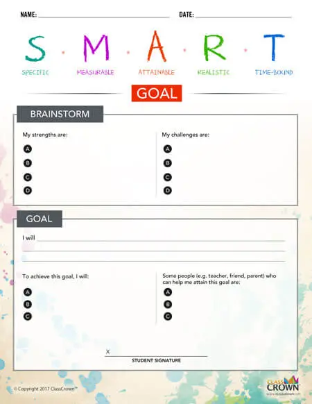 SMART goals worksheet.