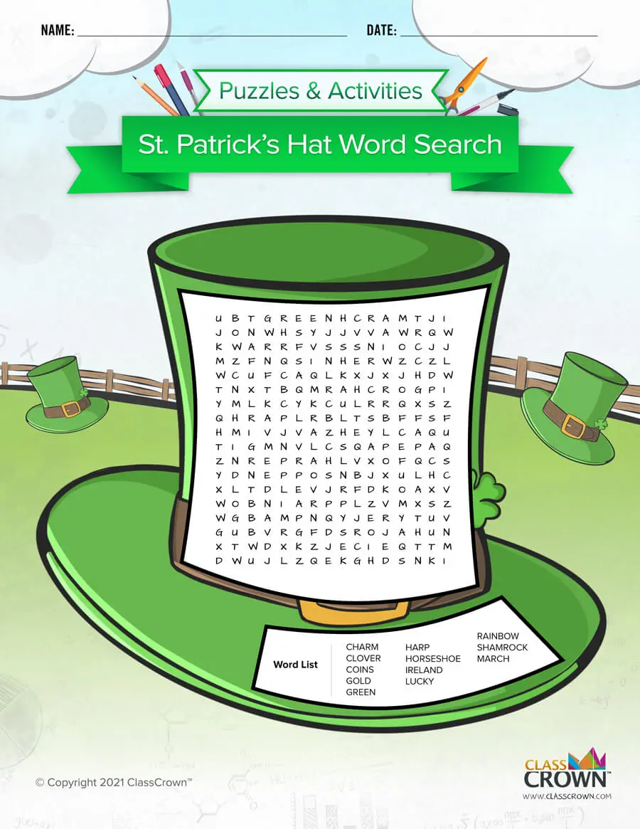 St. Patrick's day word search, green top hat.