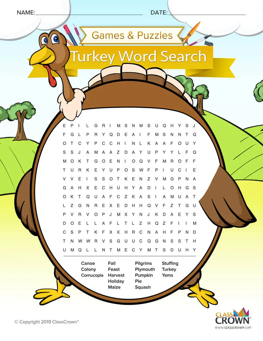 Thanksgiving word search, turkey.