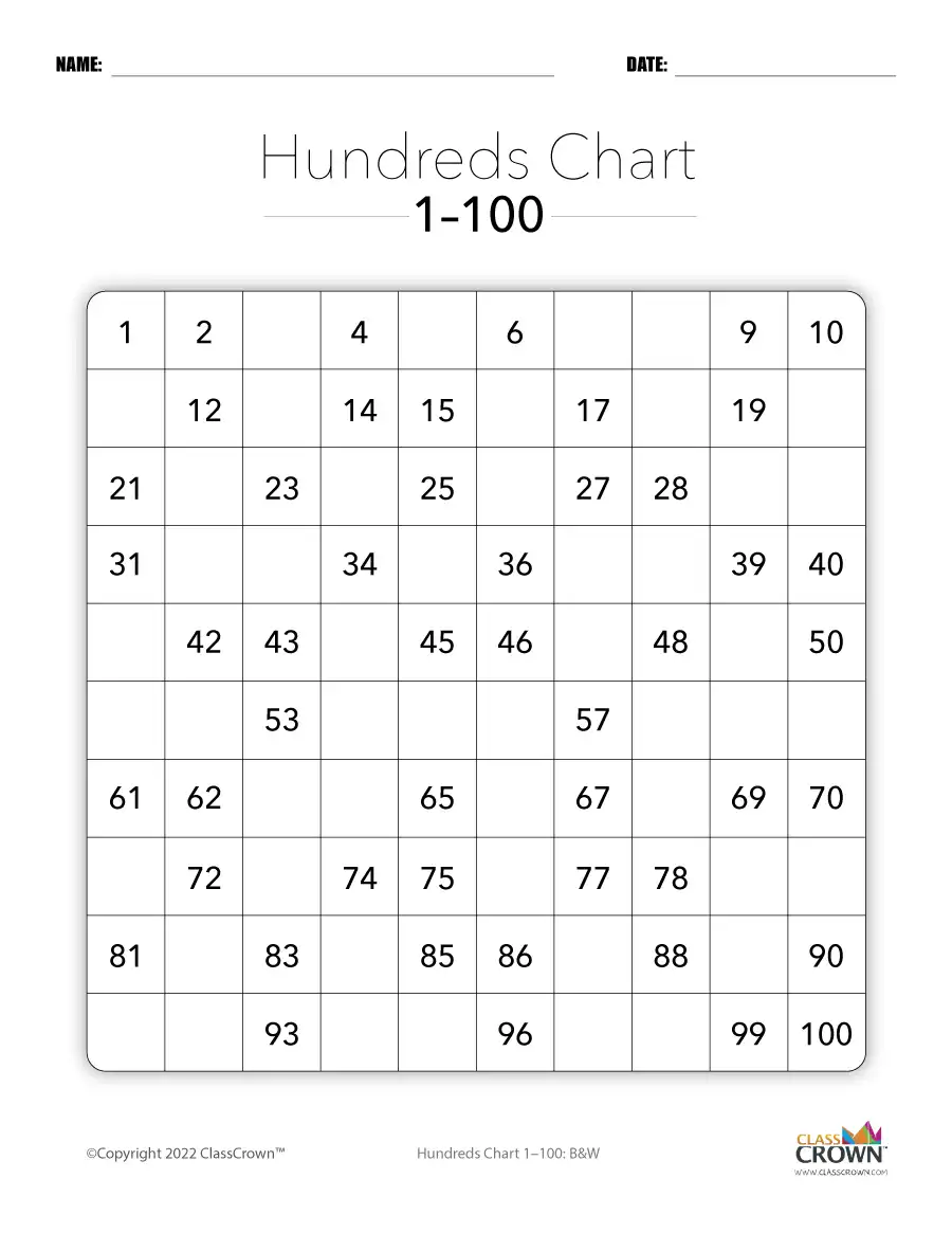 Hundreds Chart 1-100, 50% Filled, Black and White.