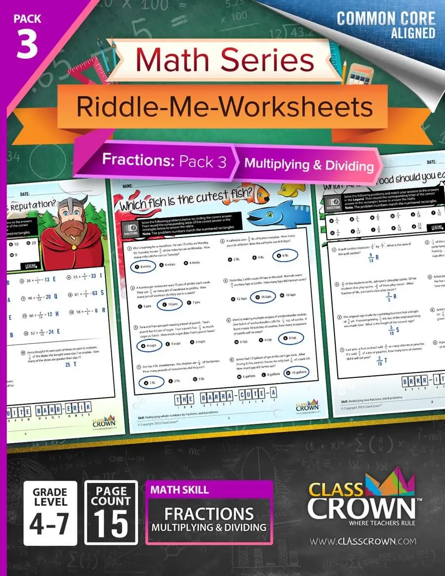 Fractions worksheets pack 3 cover.