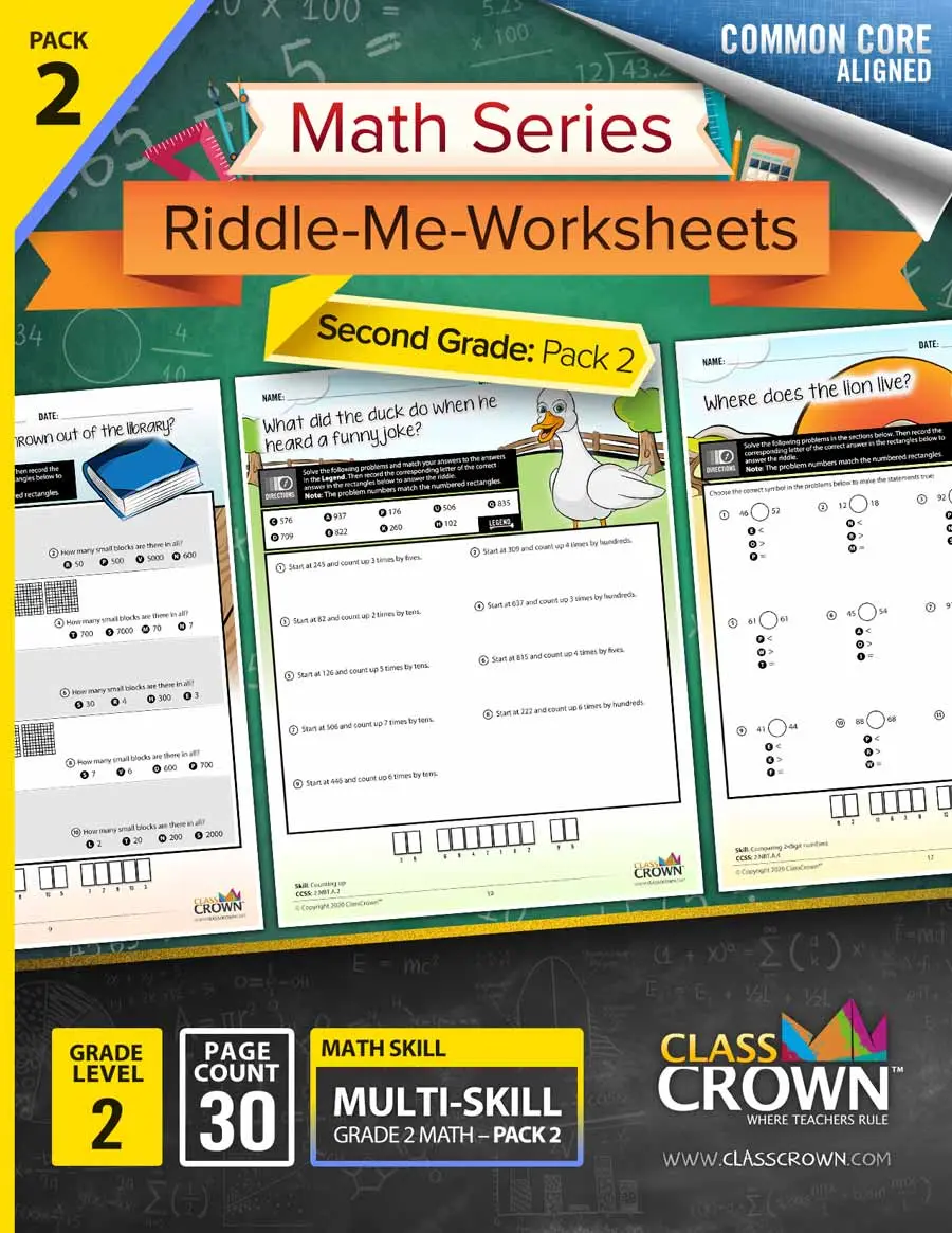 ClassCrown 2nd grade math worksheets cover art with duck graphic.
