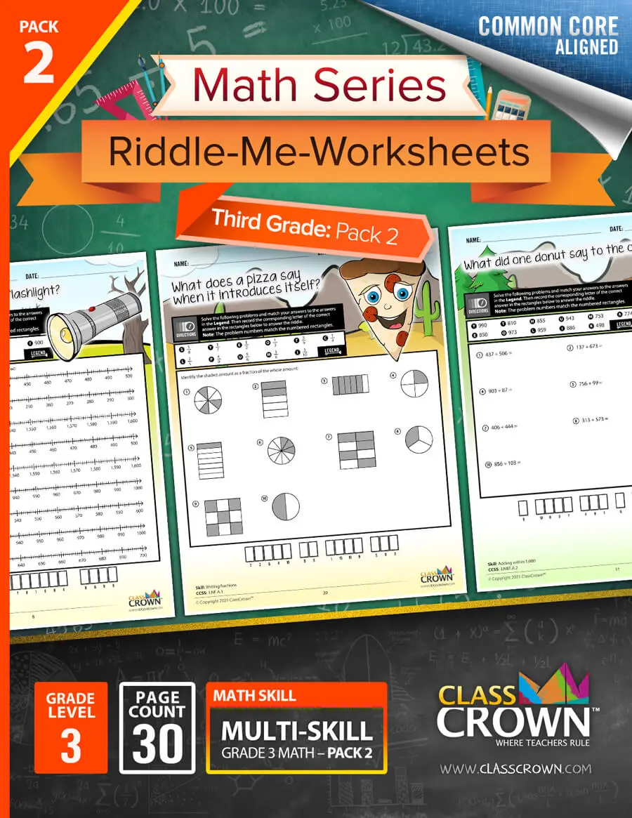 ClassCrown 3rd grade math worksheets cover art with pizza guy and flashlight graphic.