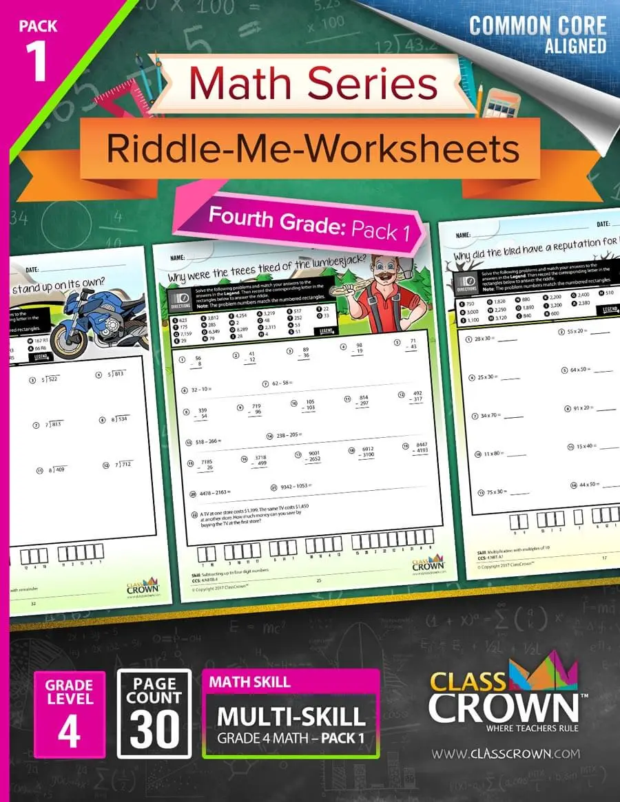 ClassCrown 4th grade math worksheets pack 1 cover.