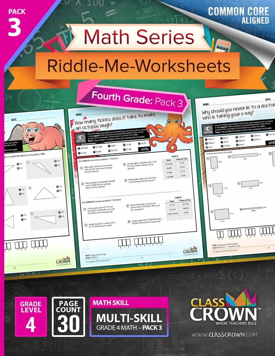 ClassCrown 4th grade math worksheets pack 3 cover.