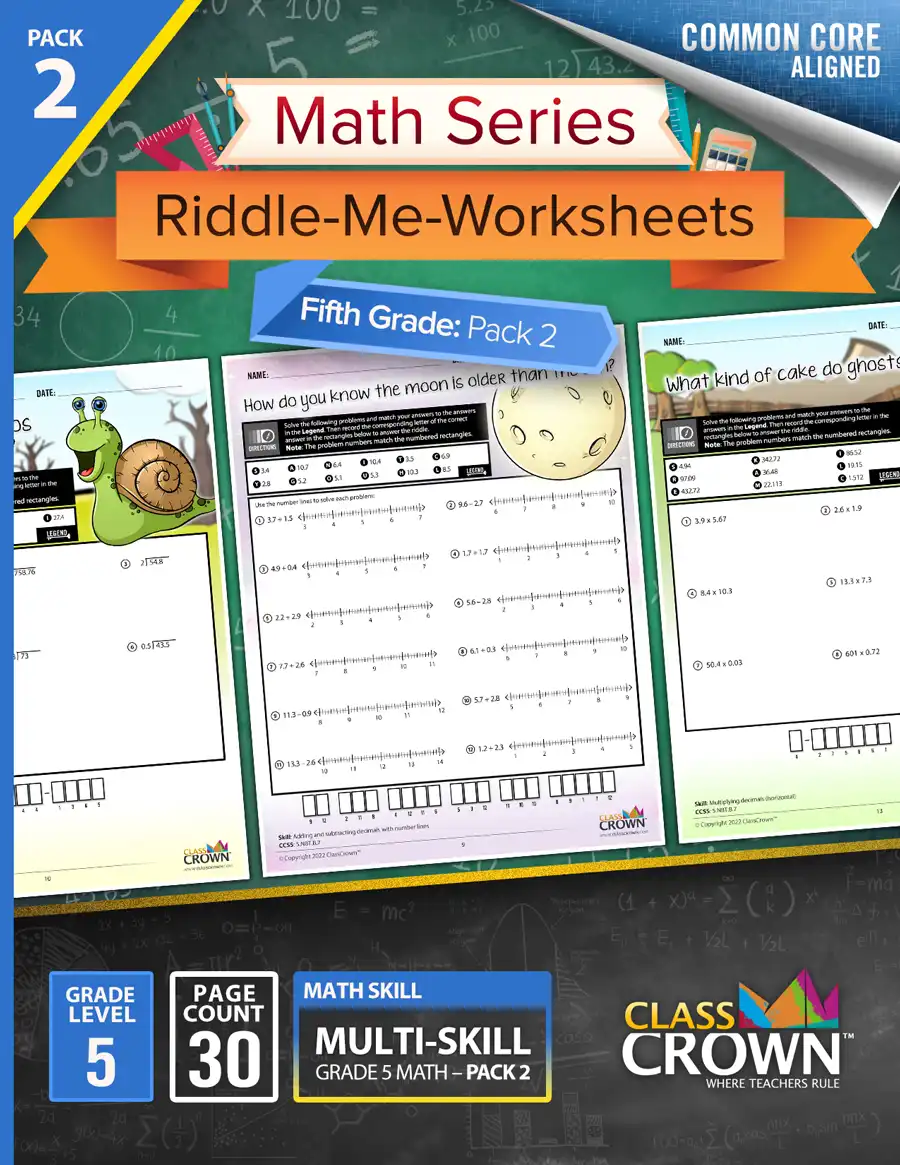ClassCrown 5th grade math worksheets cover art with Moon and Snail graphic.