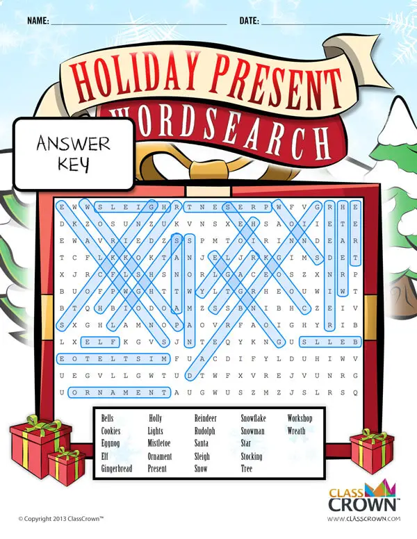 Christmas word search, present - answer key.